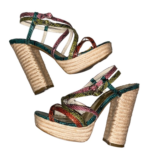 LuLu Townsend Multicolor Strappy Snakeskin Chunky Pump Heels sz 7.5 - Picture 2 of 4